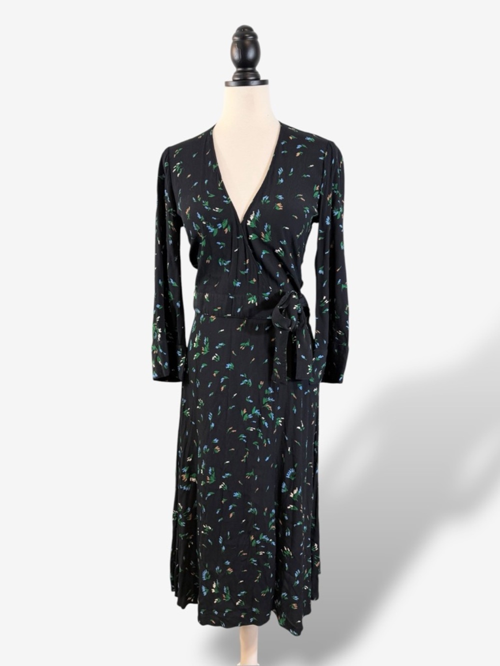 GANNI Black Floral Midi Wrap Dress Size 38 (US 6) 3/4 Sleeve Spring Office Luxe